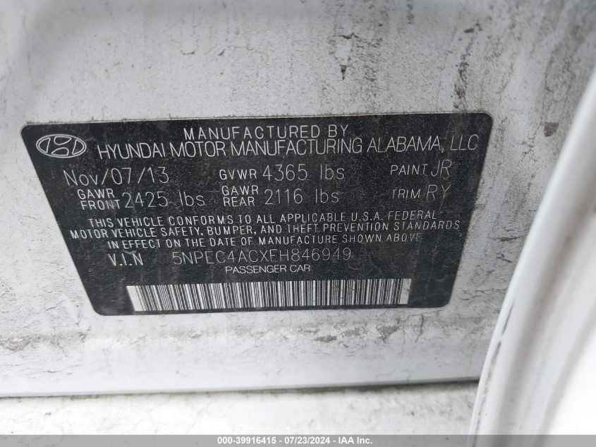 2014 Hyundai Sonata Se/Limited VIN: 5NPEC4ACXEH846949 Lot: 39916415