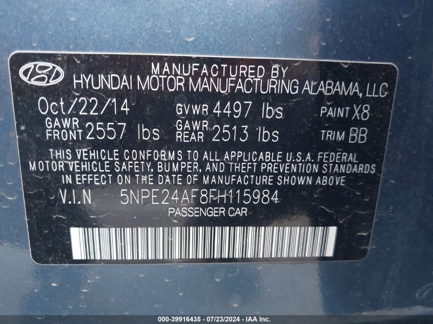 2015 Hyundai Sonata Se VIN: 5NPE24AF8FH115984 Lot: 39916435