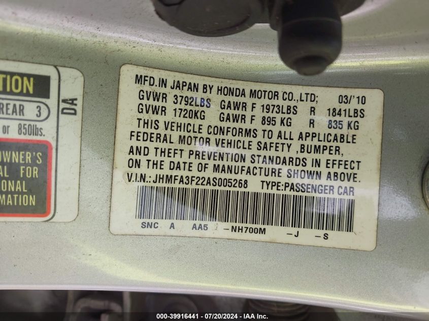 JHMFA3F22AS005268 2010 Honda Civic Hybrid