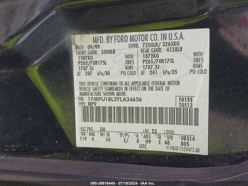 2000 Ford Expedition Eddie Bauer VIN: 1FMPU18L3YLA34656 Lot: 39916448