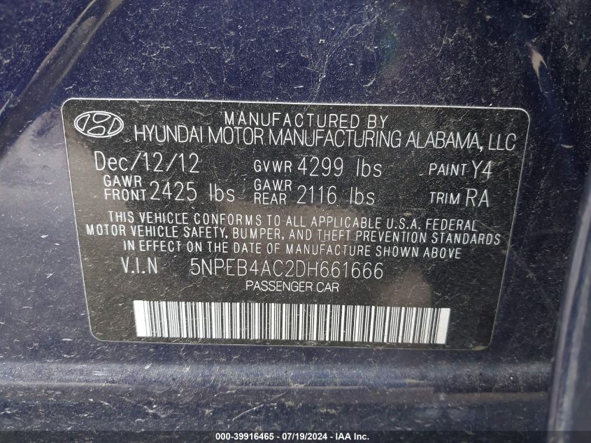 2013 Hyundai Sonata Gls VIN: 5NPEB4AC2DH661666 Lot: 39916465