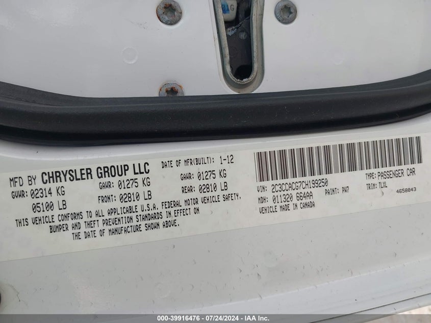 2012 Chrysler 300 Limited VIN: 2C3CCACG7CH199250 Lot: 39916476