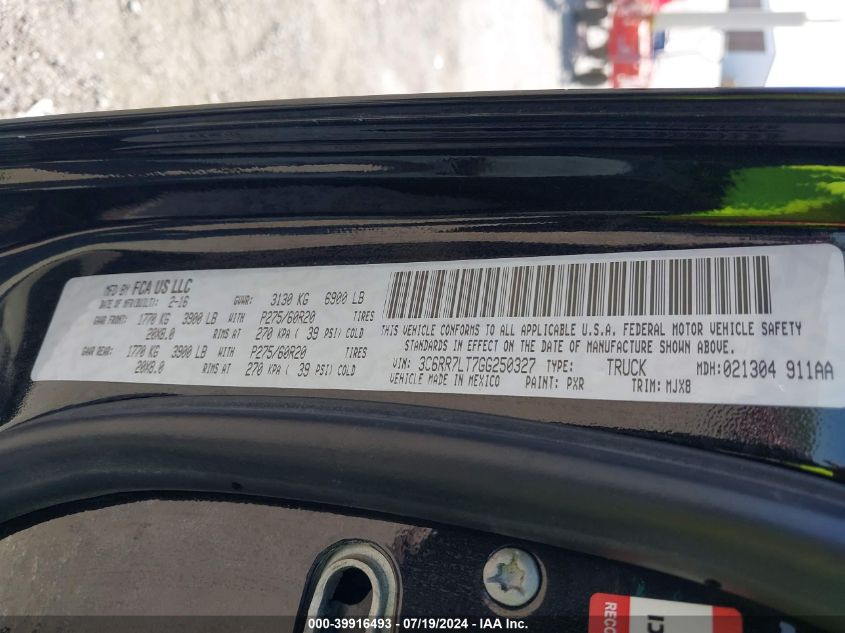 2016 Ram 1500 Big Horn VIN: 3C6RR7LT7GG250327 Lot: 39916493