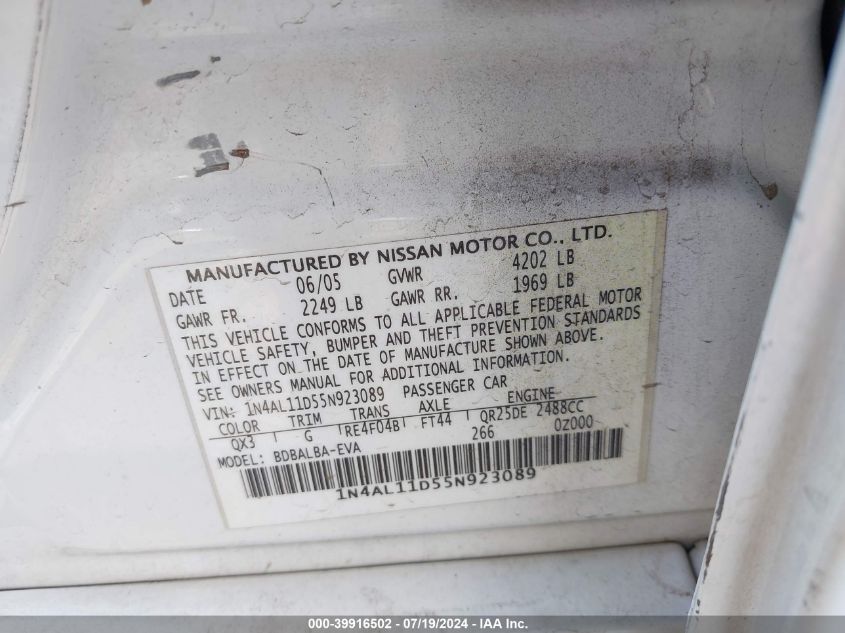 2005 Nissan Altima 2.5 S VIN: 1N4AL11D55N923089 Lot: 39916502