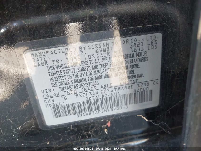 2017 Nissan Sentra Sv VIN: 3N1AB7AP3HY370043 Lot: 39916521