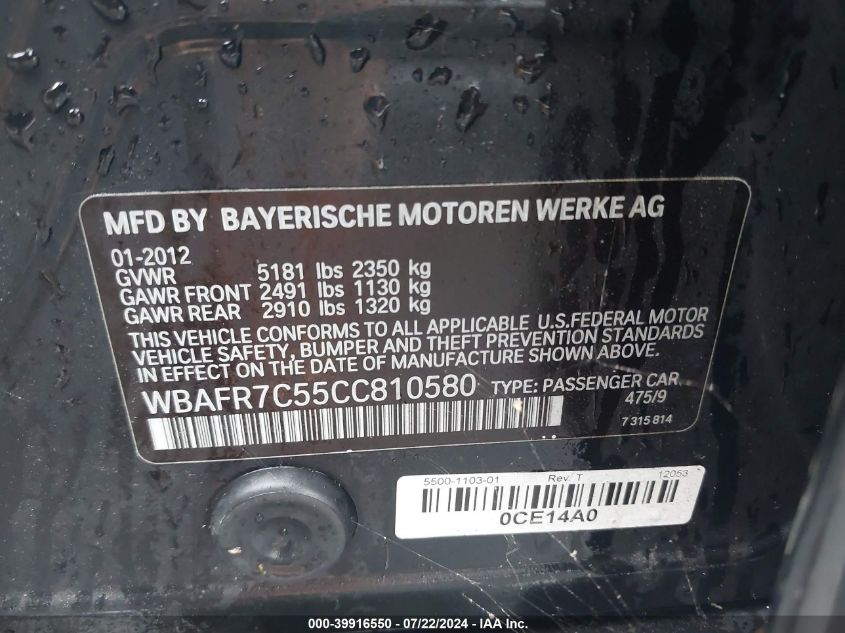 2012 BMW 535I VIN: WBAFR7C55CC810580 Lot: 39916550