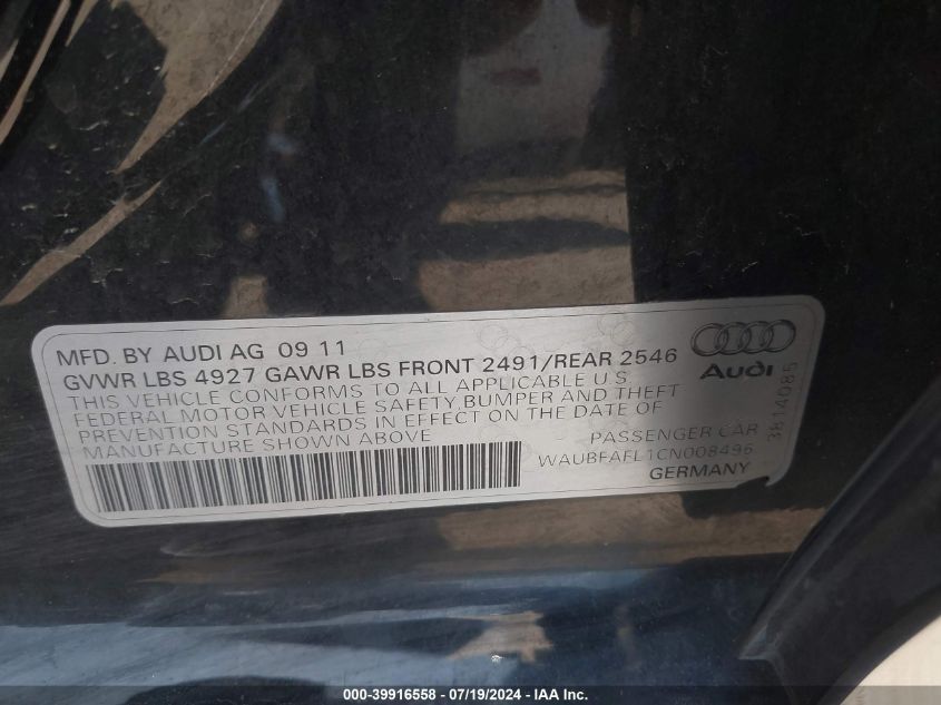 2012 Audi A4 2.0T Premium VIN: WAUBFAFL1CN008496 Lot: 39916558