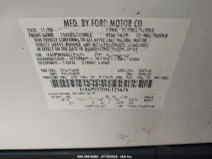 1FAHP2KT0AG125676 | 2010 FORD TAURUS