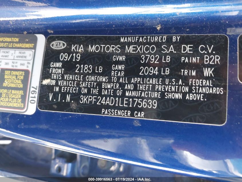 2020 Kia Forte Lxs VIN: 3KPF24AD1LE175639 Lot: 39916563