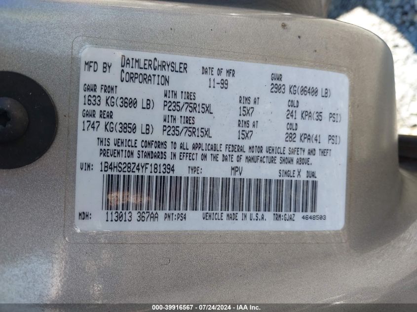 2000 Dodge Durango VIN: 1B4HS28Z4YF181394 Lot: 39916567