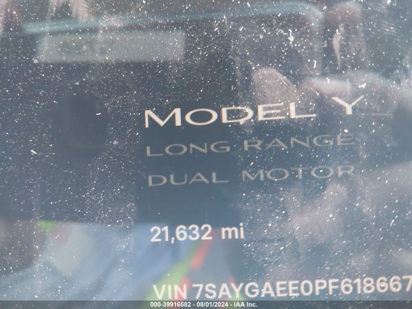 2023 Tesla Model Y Awd/Long Range Dual Motor All-Wheel Drive VIN: 7SAYGAEE0PF618667 Lot: 39916582