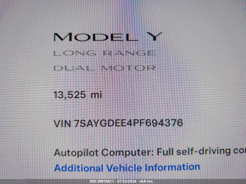 2023 Tesla Model Y Awd/Long Range Dual Motor All-Wheel Drive VIN: 7SAYGDEE4PF694376 Lot: 39916611