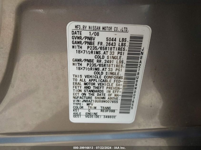 2009 Nissan Murano Sl VIN: JN8AZ18U89W007655 Lot: 39916613