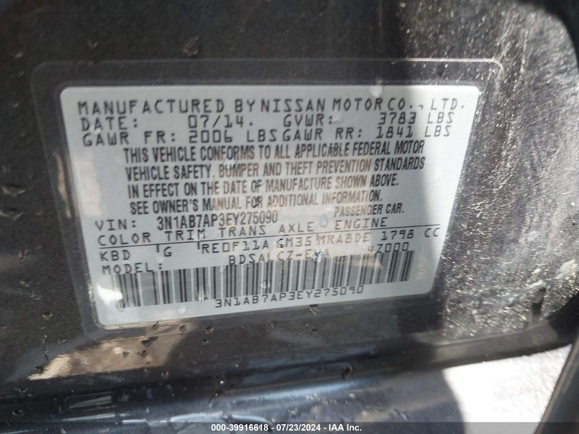 2014 Nissan Sentra S VIN: 3N1AB7AP3EY275090 Lot: 39916618