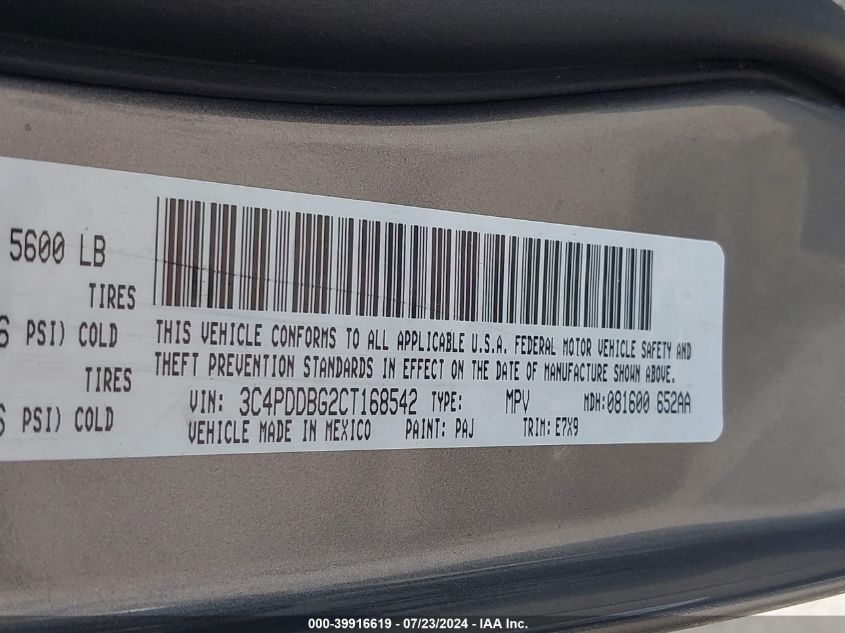 2012 Dodge Journey Sxt VIN: 3C4PDDBG2CT168542 Lot: 39916619