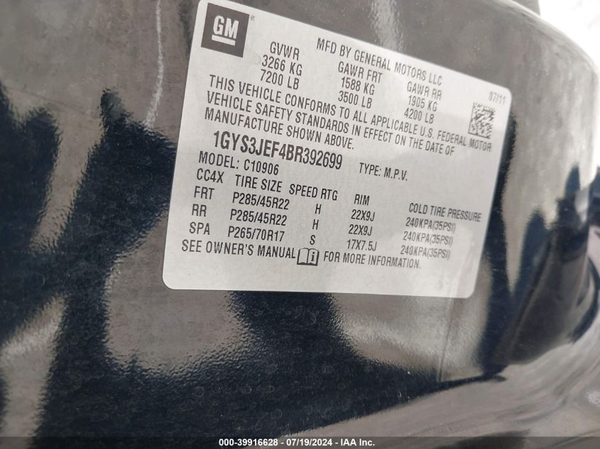 2011 Cadillac Escalade Esv Premium VIN: 1GYS3JEF4BR392699 Lot: 39916628