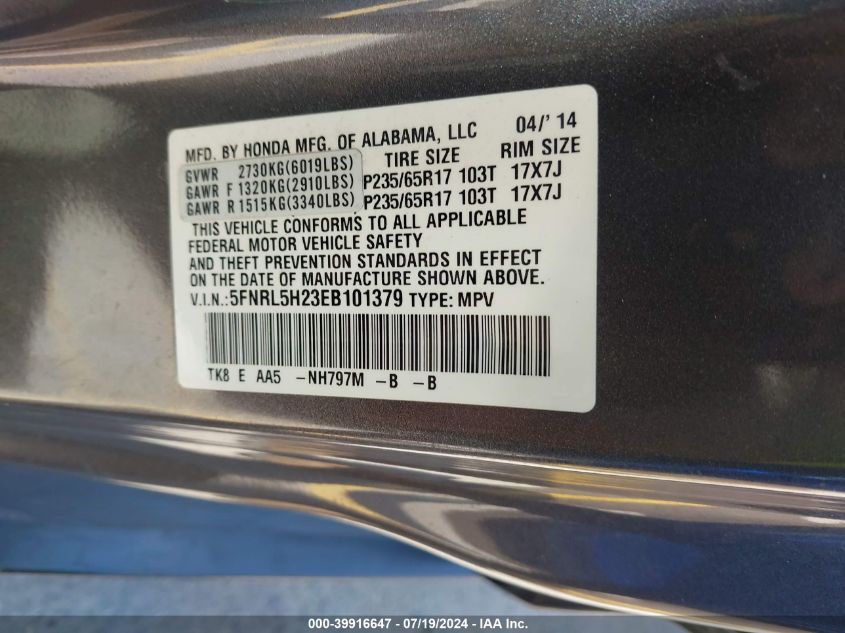 2014 Honda Odyssey Lx VIN: 5FNRL5H23EB101379 Lot: 39916647