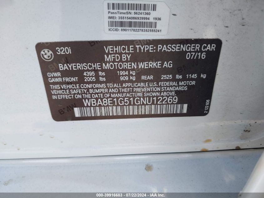 2016 BMW 320I VIN: WBA8E1G51GNU12269 Lot: 39916683