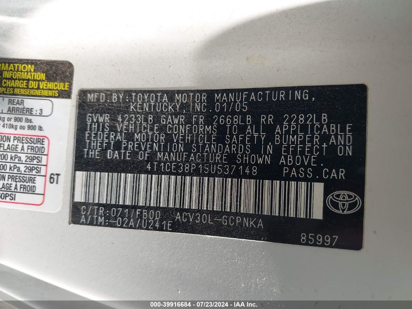 4T1CE38P15U537148 2005 Toyota Camry Solara Se