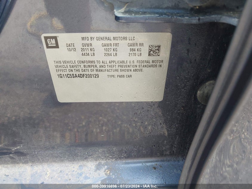 2013 Chevrolet Malibu 1Lt VIN: 1G11C5SA4DF200129 Lot: 39916696