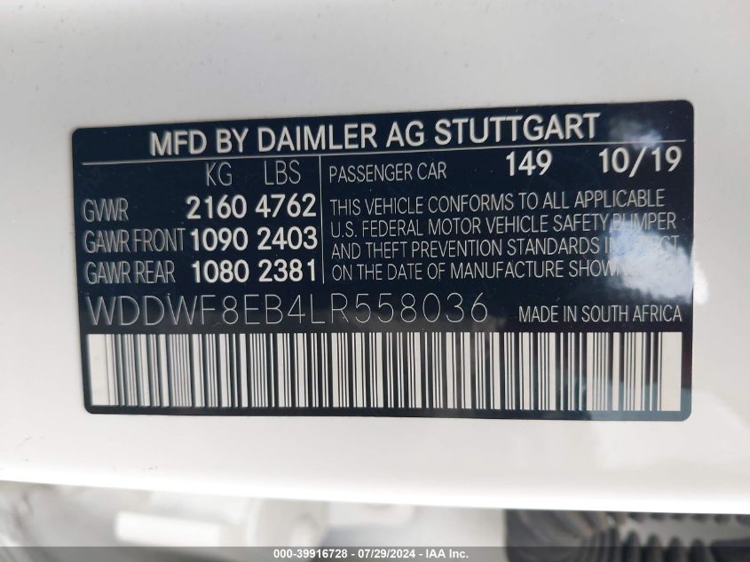 2020 Mercedes-Benz C 300 4Matic VIN: WDDWF8EB4LR558036 Lot: 39916728