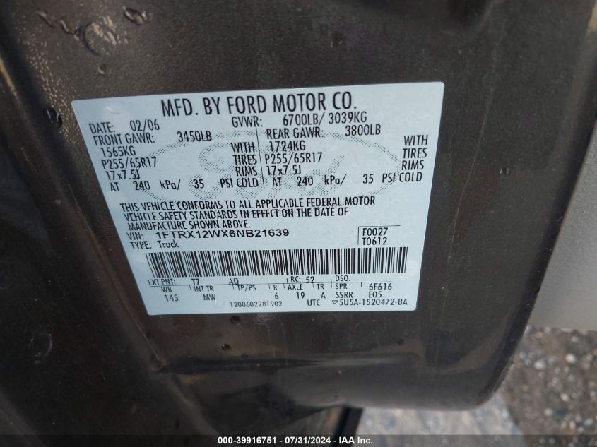 2006 Ford F-150 Stx/Xl/Xlt VIN: 1FTRX12WX6NB21639 Lot: 39916751