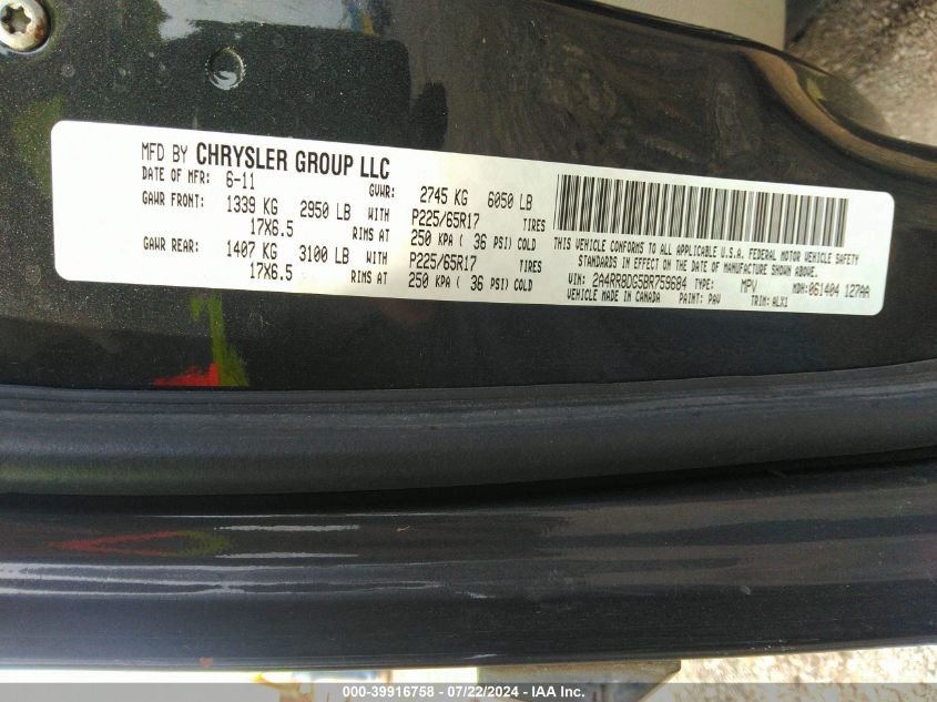 2011 Chrysler Town & Country Touring-L VIN: 2A4RR8DG5BR759684 Lot: 39916758