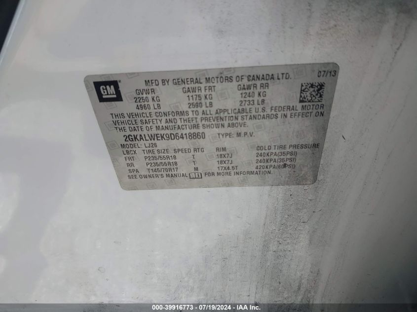 2013 GMC Terrain Slt-2 VIN: 2GKALWEK9D6418860 Lot: 39916773