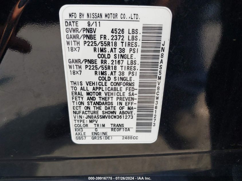 2012 Nissan Rogue Sv W/Sl Pkg VIN: JN8AS5MV8CW361273 Lot: 39916775