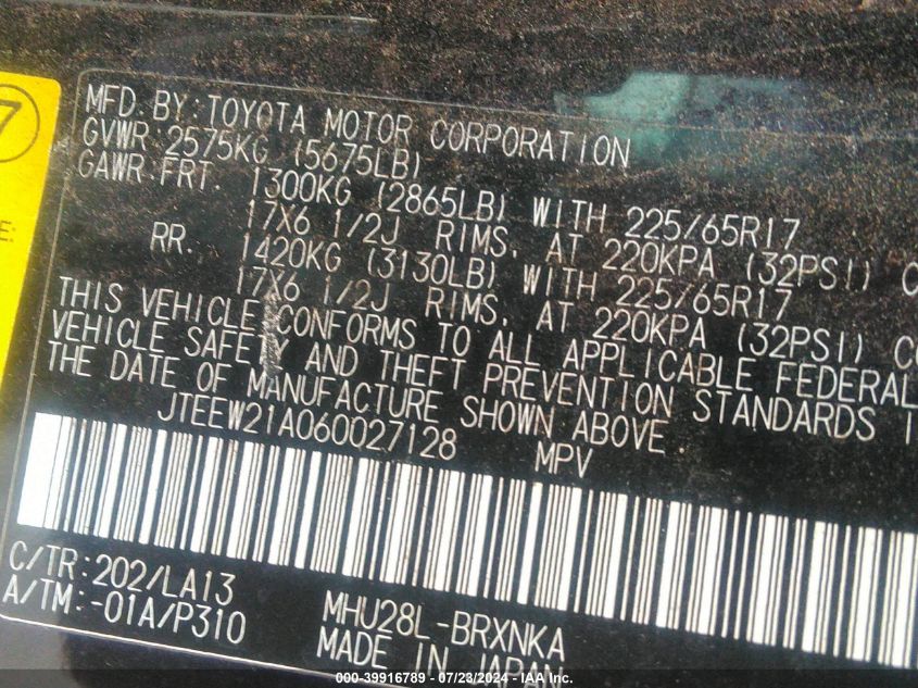 2006 Toyota Highlander Hybrid VIN: JTEEW21A060027128 Lot: 39916789