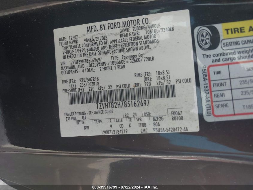 2008 Ford Mustang Gt Deluxe/Gt Premium VIN: 1ZVHT82H785162697 Lot: 39916799