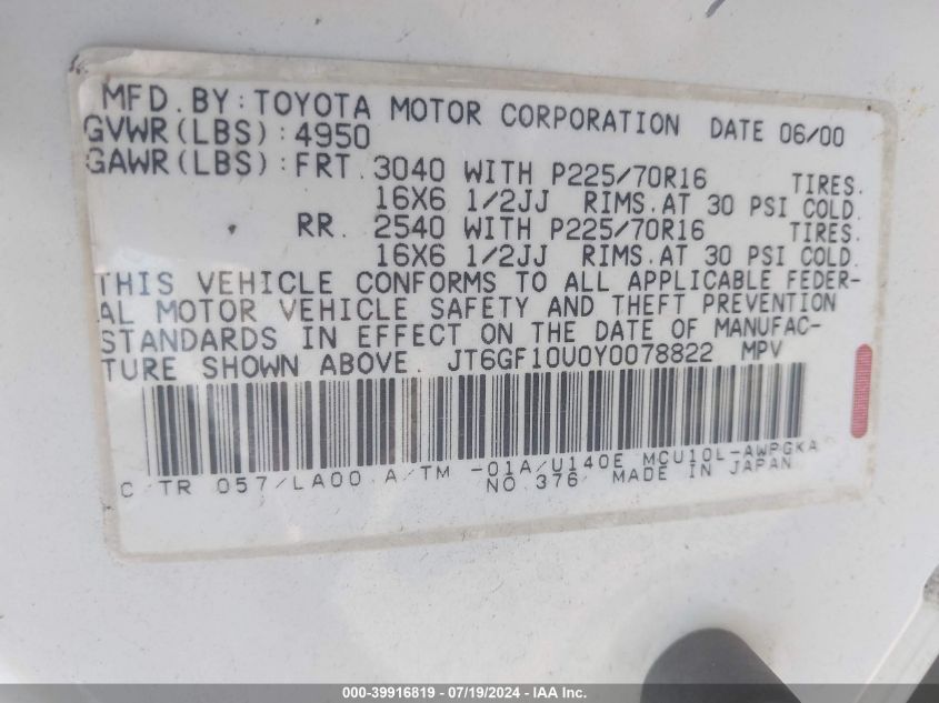 2000 Lexus Rx 300 VIN: JT6GF10U0Y0078822 Lot: 39916819