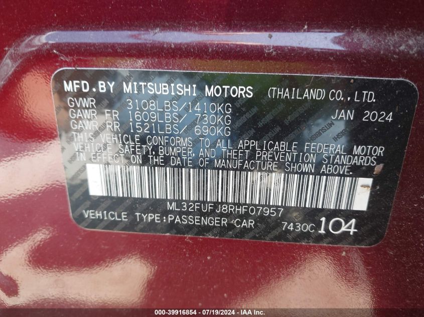 2024 Mitsubishi Mirage G4 Le VIN: ML32FUFJ8RHF07957 Lot: 39916854