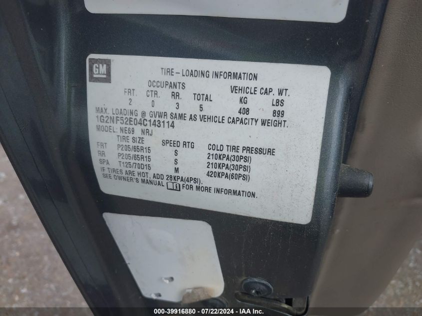 2004 Pontiac Grand Am Se1 VIN: 1G2NF52E04C143114 Lot: 39916880