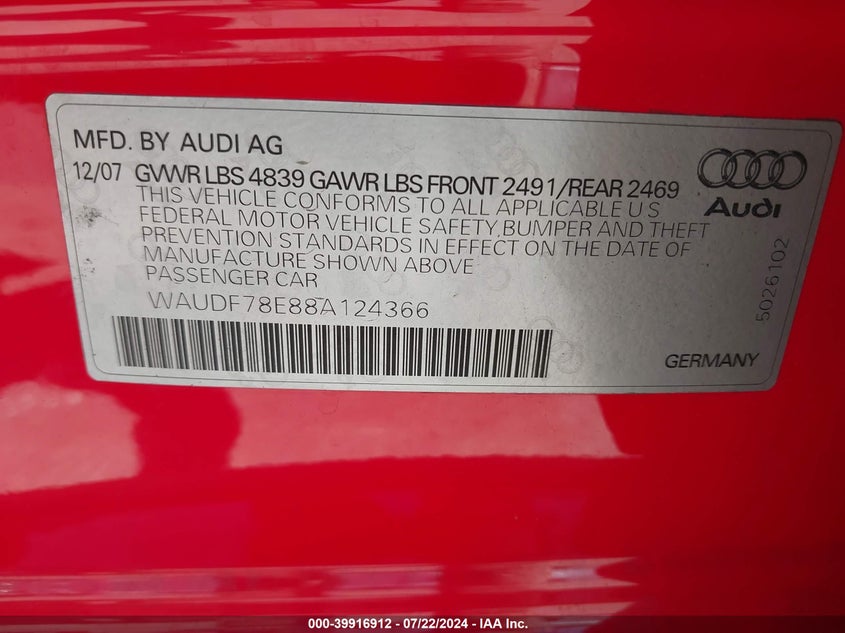 2008 Audi A4 2.0T VIN: WAUDF78E88A124366 Lot: 39916912