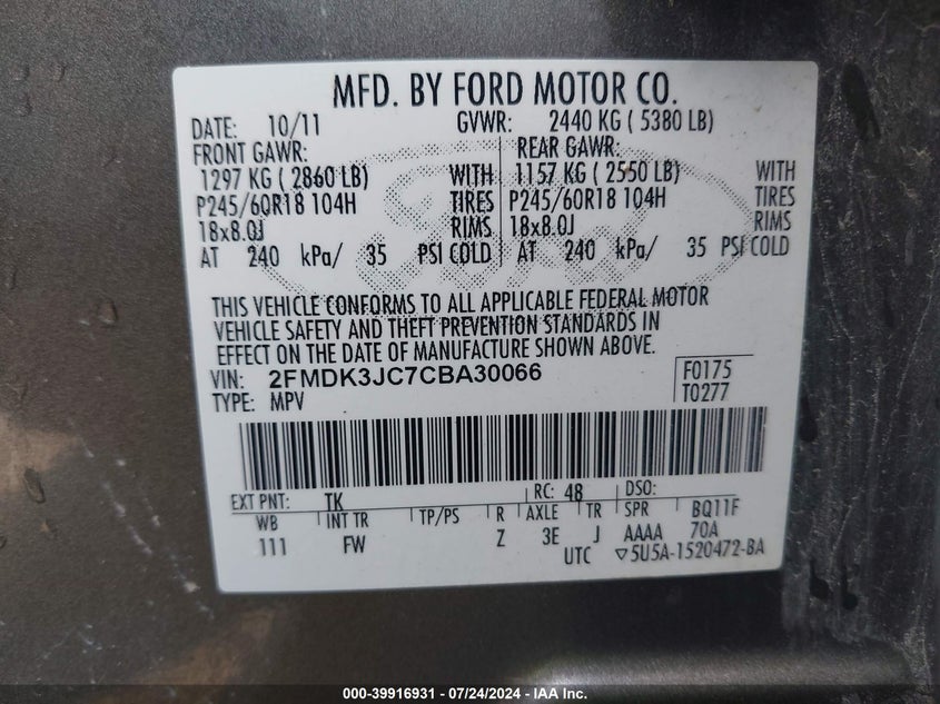 2012 Ford Edge Sel VIN: 2FMDK3JC7CBA30066 Lot: 39916931