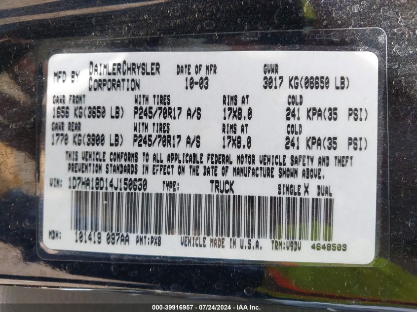 2004 Dodge Ram 1500 St/Slt VIN: 1D7HA18D14J150850 Lot: 39916957