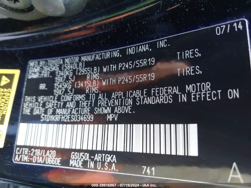 2014 Toyota Highlander Limited Platinum V6 VIN: 5TDYKRFH2ES034699 Lot: 39916967