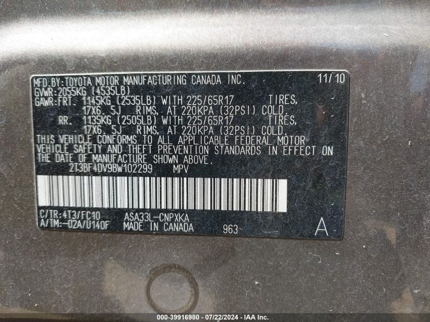 2011 Toyota Rav4 VIN: 2T3BF4DV9BW102299 Lot: 39916980