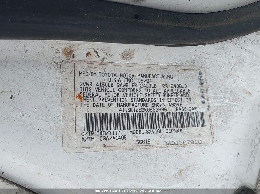 1994 Toyota Camry Le VIN: 4T1SK12E2RU852336 Lot: 39916981