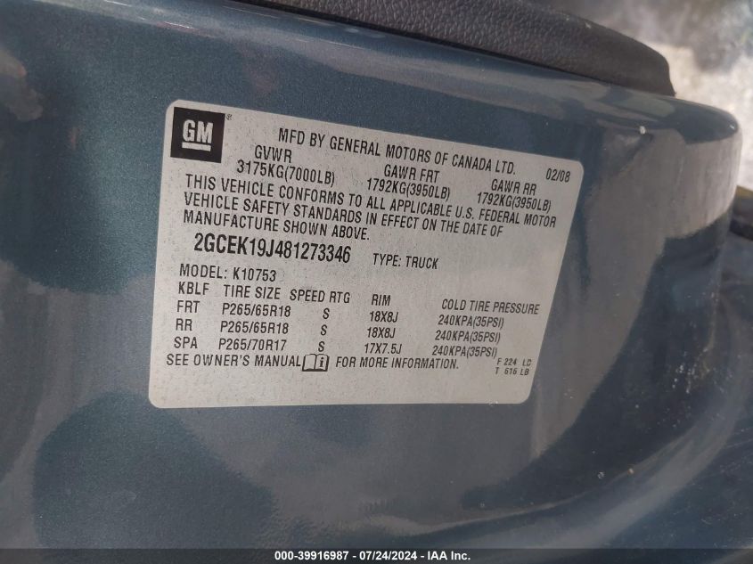 2008 Chevrolet Silverado 1500 Lt1 VIN: 2GCEK19J481273346 Lot: 39916987