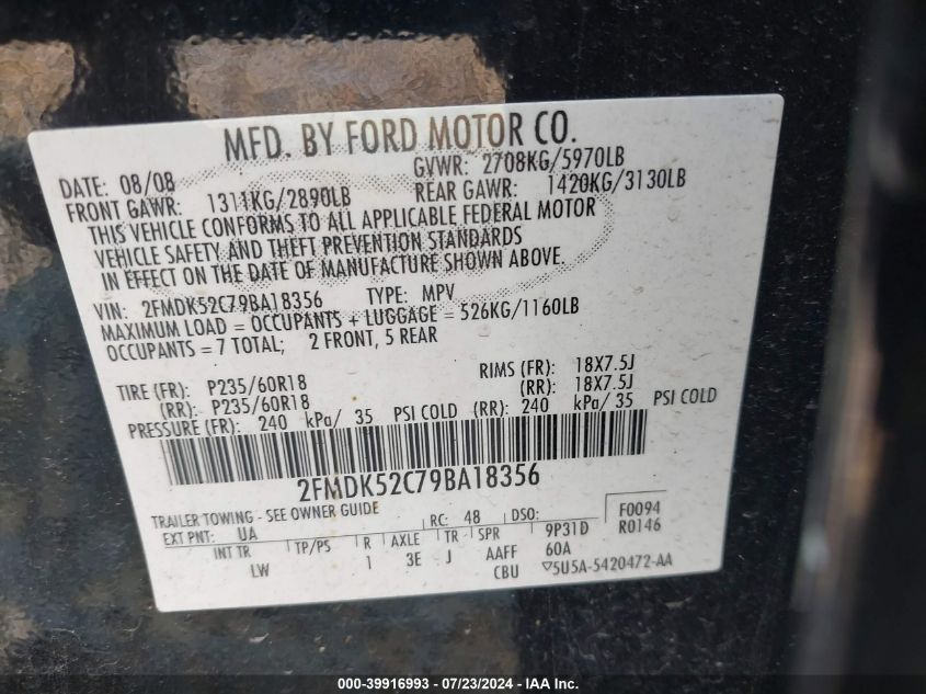 2009 Ford Flex Sel VIN: 2FMDK52C79BA18356 Lot: 39916993