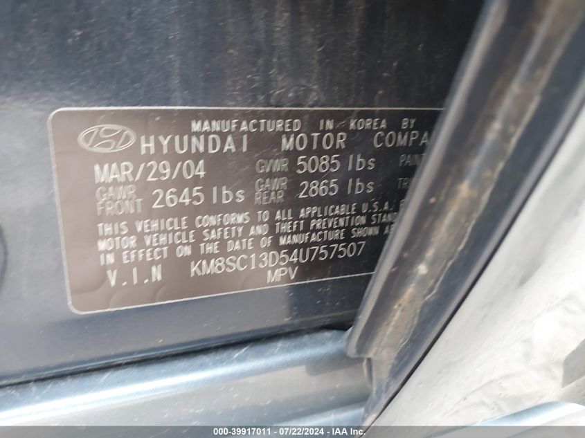 2004 Hyundai Santa Fe Gls VIN: KM8SC13D54U757507 Lot: 39917011