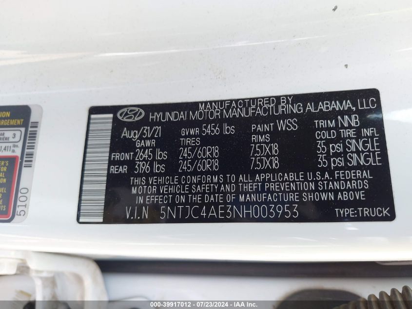 2022 Hyundai Santa Cruz Sel VIN: 5NTJC4AE3NH003953 Lot: 39917012