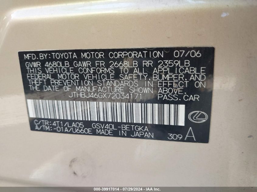 2007 Lexus Es 350 VIN: JTHBJ46GX72034171 Lot: 39917014