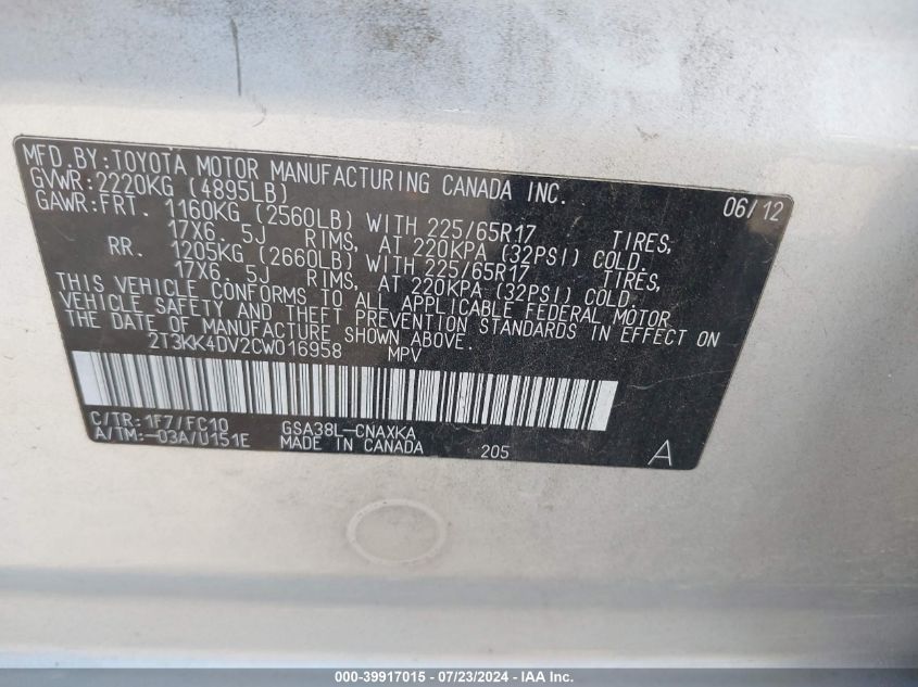 2012 Toyota Rav4 Base V6 VIN: 2T3KK4DV2CW016958 Lot: 39917015