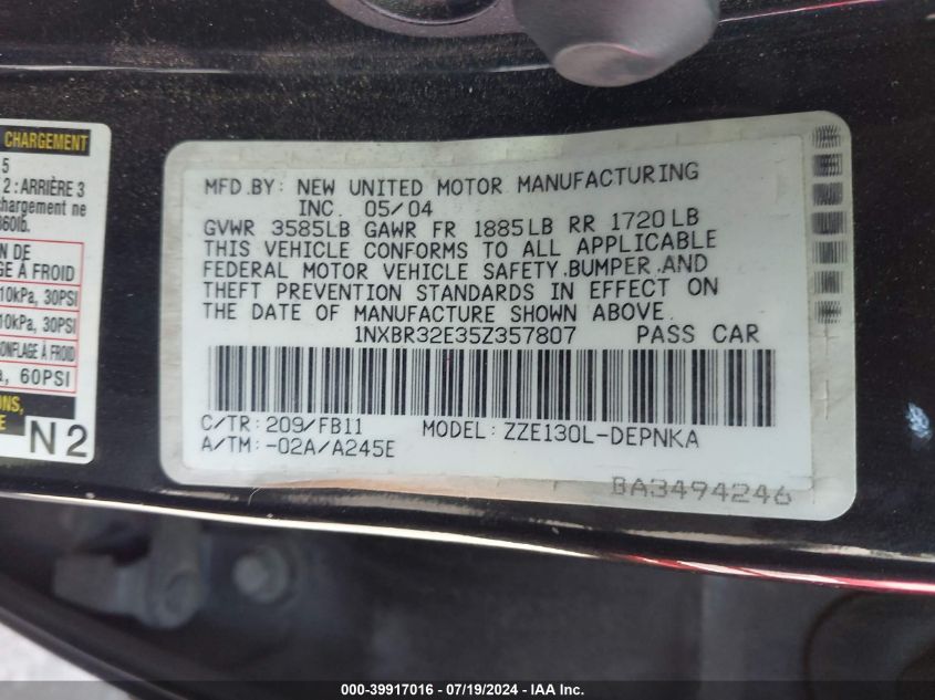 2005 Toyota Corolla Le VIN: 1NXBR32E35Z357807 Lot: 39917016