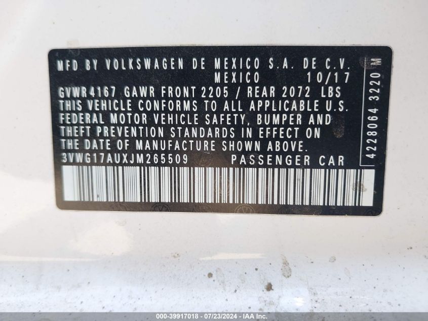 2018 Volkswagen Golf Tsi S/Tsi Se VIN: 3VWG17AUXJM265509 Lot: 39917018