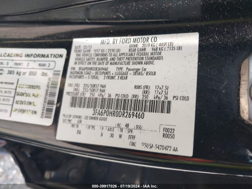 2013 Ford Fusion Se VIN: 3FA6P0HR0DR269460 Lot: 39917026