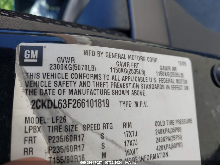 2006 Pontiac Torrent VIN: 2CKDL63F266101819 Lot: 39917027